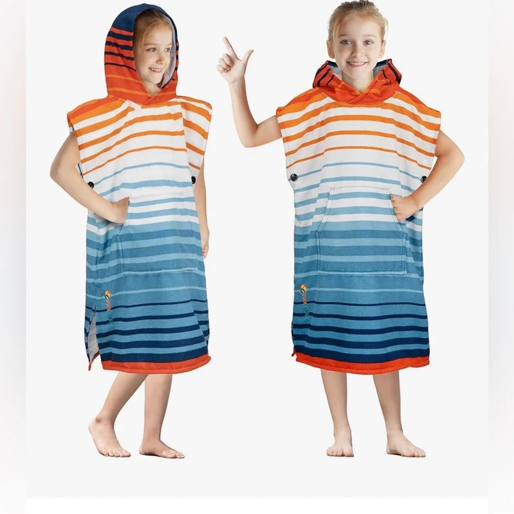 Orange and White Striped Hooded Towel Poncho